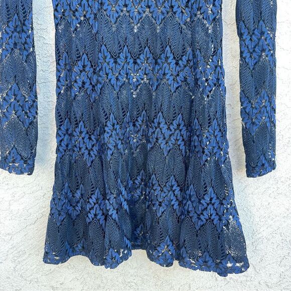 Lace Navy Blue Black Fit & Flare Mini Skater Dress SZ SM Long Sleeve Whimsy Goth - Picture 3 of 7
